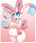  absurd_res anthro areola belly big_belly big_breasts blue_sclera bow_ribbon breasts cheek_tuft eeveelution facial_tuft fangs female generation_6_pokemon hand_on_cheek hi_res lhacedor looking_away multicolored_body navel nintendo nipples pink_nipples pink_tail pokemon pokemon_(species) slightly_chubby solo sylveon tail teeth thick_thighs tuft white_eyes wide_hips 