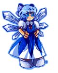  1girl blue_hair blue_outline bow chibi cirno dress flat_chest hair_bow ice ice_wings long_dress outline puffy_short_sleeves puffy_sleeves red_ribbon renata_greynoria ribbon short_hair short_sleeves touhou transparent_background white_footwear wings 