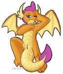  anthro blue_eyes claws dragon female friendship_is_magic genitals hasbro hi_res horn knotsosfw looking_at_viewer mlp_g5 my_little_pony nude orange_body pussy scalie simple_background smile smolder_(mlp) solo wings 