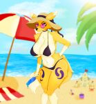  anthro bandai_namco beach bikini chest_tuft choker clothing digimon digimon_(species) eyewear female food fur hat headgear headwear hi_res hollow_table jewelry markings multicolored_body multicolored_fur necklace piercing popsicle renamon seaside solo sun_hat sunglasses swimwear tuft two_tone_body two_tone_fur 