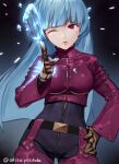  1girl akisa_yositake bangs belt blue_hair bodysuit breasts gloves hand_on_hip ice kula_diamond lips long_hair looking_at_viewer medium_breasts one_eye_closed red_eyes simple_background snowflake_background solo the_king_of_fighters the_king_of_fighters_xv turtleneck yellow_gloves 