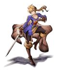  1girl absurdres ahoge blonde_hair boots breasts brown_eyes cape cleavage eudetenis final_fantasy final_fantasy_tactics genderswap genderswap_(mtf) hair_ornament hairpin highres looking_at_viewer ponytail ramza_beoulve smile solo sword thighhighs weapon 