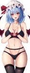  .me 1girl ass_visible_through_thighs bat_wings black_bra black_panties blue_hair bow bow_bra bra breasts cleavage hat hat_ribbon highres medium_breasts mob_cap navel panties red_bow red_eyes red_ribbon remilia_scarlet ribbon short_hair simple_background solo thighhighs touhou underwear white_background white_headwear wings 