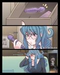  &lt;o&gt;_&lt;o&gt; +_+ 2girls blue_hair butter_sugoi commentary couch drawer drill_hair glasses grey_hair half-closed_eyes hallway highres hitachi_magic_wand long_hair multiple_girls naked_towel original photo_background purple_eyes sex_toy sidelocks sitting towel towel_on_head trash_can vibrator wet 