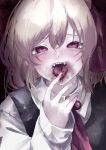  1girl absurdres bangs blood fangs fingernails half-closed_eyes hand_up highres looking_at_viewer medium_hair neck_bobbles open_mouth rumia sharp_teeth sleeves_past_wrists solo t_terano teeth tongue tongue_out touhou upper_body 