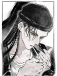  1boy akai_shuuichi bags_under_eyes beanie border cigarette guitar_case hair_over_one_eye hands_up hat highres instrument_case lighter lighting_cigarette long_hair looking_at_hands looking_away male_focus meitantei_conan monochrome mouth_hold outside_border portrait simple_background sketch smoking solo willowofzion 