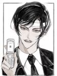  1boy bangs border cellphone collared_shirt facial_hair flip_phone hand_up headband highres holding holding_phone jacket looking_at_viewer male_focus meitantei_conan monochrome morofushi_takaaki mustache necktie outside_border phone portrait shirt short_hair simple_background sketch smile solo willowofzion 