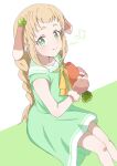  1girl animal_ears blonde_hair carrot closed_mouth crust_gm0 dress green_eyes highres inose_mai koisuru_asteroid looking_at_viewer musical_note rabbit_ears sitting smile 