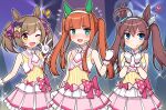  3girls ;d @_@ animal_ears bangs blue_eyes blunt_bangs blush bow breasts brown_eyes brown_hair clenched_hand closed_mouth commentary_request flying_sweatdrops frilled_skirt frills gloves green_eyes hair_between_eyes hair_bow hairband hand_up hands_up headset heart highres horse_ears looking_at_viewer matching_outfit medium_breasts mihono_bourbon_(umamusume) multiple_girls nigekiri_sisters_(umamusume) notice_lines one_eye_closed orange_hair outline pink_bow pink_skirt pleated_skirt purple_bow shirt silence_suzuka_(umamusume) skirt sleeveless sleeveless_shirt smart_falcon_(umamusume) smile takiki twintails umamusume v white_gloves white_hairband white_outline white_shirt yellow_bow 