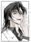  bangs between_fingers border cigarette hagiwara_kenji hand_up highres holding holding_cigarette jacket looking_at_viewer medium_hair meitantei_conan monochrome outside_border portrait simple_background sketch smile smoke smoking solo willowofzion 