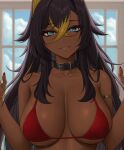  1girl absurdres bangs bare_shoulders bikini bikini_top_only black_hair blonde_hair breasts cloud cloudy_sky collarbone commentary dark-skinned_female dark_skin day dehya_(genshin_impact) english_commentary fingernails genshin_impact hands_up head_tilt highres indoors large_breasts long_hair looking_at_viewer multicolored_hair nail_polish parted_lips red_bikini simple_background sky smile swimsuit two-tone_hair upper_body window zaphn 