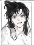  1girl bangs border collared_shirt highres long_hair looking_at_viewer meitantei_conan monochrome mouri_ran outside_border portrait shirt simple_background sketch smile solo willowofzion 
