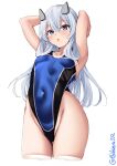  1girl alternate_costume armpits arms_up blue_hair blue_one-piece_swimsuit breasts collarbone competition_swimsuit cowboy_shot ebifurya hair_between_eyes headgear highleg highleg_swimsuit highres i-203_(kancolle) kantai_collection long_hair looking_at_viewer one-hour_drawing_challenge one-piece_swimsuit purple_eyes simple_background small_breasts solo swimsuit thighhighs twitter_username white_background white_thighhighs 