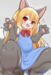  2023 4_fingers akuma_gaoru anthro barefoot blonde_hair blush breasts canid canine canis claws clothed clothing countershading crouching cute_fangs digital_media_(artwork) dipstick_tail dress feet female female_anthro finger_claws fingers fur grey_body grey_fur hair hi_res horokusa0519 kemono long_hair looking_at_viewer low-angle_view mammal markings multicolored_body multicolored_fur open_mouth pawpads paws red_eyes small_breasts solo tail tail_markings toes tongue two_tone_body two_tone_fur white_body white_fur wolf young 