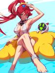  1girl ankh ankh_necklace anklet armpits bare_legs bare_shoulders bikini breasts candy cleavage collarbone crossed_legs food guilty_gear hair_ornament halterneck highres holding holding_candy holding_food holding_lollipop innertube jack-o&#039;_valentine jewelry large_breasts lollipop long_hair long_legs looking_at_viewer minion multicolored_hair necklace ponytail pool red_hair shaded_face sideboob simple_background sitting solo streaked_hair swimsuit thighs unfinished ura_dora very_long_hair water white_bikini white_hair 