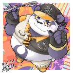  2023 alp_(tas) anthro bear belly big_belly black_nose blush bottomwear clothing cute_fangs giant_panda humanoid_hands kemono lifewonders male mammal mijinko necktie overweight overweight_male pants police_hat purple_body shirt solo tokyo_afterschool_summoners topwear white_body 