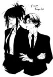  1boy 1girl black_hair chainsaw_man cigarette collared_shirt formal greyscale kurose_yuutarou looking_at_viewer looking_to_the_side medium_hair monochrome nair_(mindcreator) ponytail scar scar_on_face scar_on_nose shirt short_hair sidelocks simple_background suit suit_jacket tendou_michiko white_background 