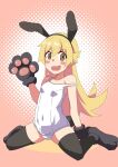  1girl animal_ears animal_hands arm_support bakemonogatari bangs bare_shoulders black_footwear black_thighhighs blonde_hair blush blush_stickers breasts collarbone fake_animal_ears fake_tail flipped_hair full_body gesugesu_ahoaho gloves hair_between_eyes halftone halftone_background hand_up long_hair looking_at_viewer monogatari_(series) one-piece_swimsuit open_mouth oshino_shinobu paw_gloves pink_background rabbit_ears rabbit_tail ringed_eyes school_swimsuit sidelocks simple_background skindentation small_breasts smile solo spread_legs straight_hair strap_slip swimsuit tail thighhighs two-tone_background very_long_hair wavy_mouth white_background white_one-piece_swimsuit yellow_eyes 