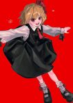  1girl :d bangs black_dress black_footwear blonde_hair blush bobby_socks collared_shirt dress full_body gotagotay hair_ribbon highres long_sleeves looking_at_viewer mary_janes medium_hair necktie open_mouth outstretched_arms pinafore_dress red_background red_eyes red_necktie red_ribbon ribbon rumia shirt shoes simple_background smile socks solo spread_arms touhou white_shirt white_socks 