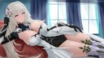  1girl archstreal bangs bianca_(punishing:_gray_raven) black_gloves blue_eyes blush closed_mouth curtains gloves grey_hair grey_thighhighs hair_ornament highres indoors long_hair looking_at_viewer lying mole mole_under_eye on_side punishing:_gray_raven smile thighhighs thighs window 