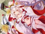  1girl ayanami_(azur_lane) ayanami_(demon&#039;s_finest_dress)_(azur_lane) azur_lane chrysanthemum dress flower hand_up headgear high_ponytail japanese_clothes kazuma_muramasa kimono light_brown_hair long_sleeves lying midriff navel off_shoulder on_back ponytail red_eyes sword tatami thighhighs uchikake veil weapon wedding_dress white_kimono white_thighhighs zettai_ryouiki 