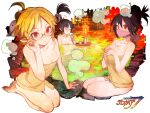  3girls black_hair blonde_hair blush bottle breasts cleavage commentary_request disgaea glasses high_ponytail highres kneeling kunoichi_(disgaea) makai_senki_disgaea_7 mask mouth_mask multiple_girls naked_towel onsen professor_(disgaea) red_eyes ronin_(disgaea) sake_bottle toi8 towel 