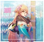  black_gloves blonde_hair blurry blurry_background blush from_side fur_trim gloves hair_ornament happy_new_year hatsumoude japanese_clothes kimono long_hair nagasone_kotetsu_(tenka_hyakken) obi obiage obijime okanoyuno omikuji open_mouth raised_eyebrows sash shy string tenka_hyakken wide_sleeves yellow_eyes 