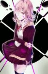  1girl arm_at_side bandage_over_one_eye bangs black_thighhighs blazer blood blood_on_clothes blood_on_face blood_on_hands blunt_bangs brown_jacket brown_skirt circle closed_mouth collared_shirt commentary danganronpa:_trigger_happy_havoc danganronpa_(series) danganronpa_3_(anime) expressionless from_above hair_flaps hand_on_own_arm highres jacket lapels long_sleeves looking_to_the_side miniskirt multicolored_background nanami_chiaki neck_ribbon notched_lapels open_clothes open_jacket pink_blood pink_eyes pink_hair pleated_skirt pocket red_ribbon ribbon sakai_71 school_uniform shirt skirt sleeves_past_wrists solo thighhighs white_shirt wind wind_lift yellow_jacket zettai_ryouiki 
