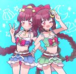  2girls ;d amane_tsukasa amane_tsukasa_(swimsuit_ver.) amane_tsukuyo amane_tsukuyo_(swimsuit_ver.) bangs bikini bikini_skirt blue_background blue_bikini blush bow braid braided_ponytail brown_choker brown_hair choker closed_mouth coral_hair_ornament cowboy_shot crescent crescent_hair_ornament eighth_note flower frilled_bikini frilled_cuffs frills green_bikini hair_bow hair_flower hair_ornament halterneck hand_on_another&#039;s_hip hand_up high_braid highres locked_arms long_hair magia_record:_mahou_shoujo_madoka_magica_gaiden mahou_shoujo_madoka_magica matching_outfit multiple_girls musical_note no_nose official_alternate_costume one_eye_closed open_mouth pendant_choker plumeria red_bow red_eyes ribbon shell shell_hair_ornament siblings sidelocks simple_background single_braid single_wrist_cuff sisters smile spaghetti_strap split_mouth star_(symbol) star_hair_ornament starfish_hair_ornament swimsuit takenoko_mgrc treble_clef twin_braids twins v very_long_hair white_ribbon wrist_cuffs yellow_flower 