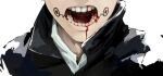  1boy blood blood_from_mouth blood_on_face facial_mark facing_viewer gakuran highres inumaki_toge jujutsu_kaisen jujutsu_tech_uniform open_mouth out_of_frame school_uniform short_hair simple_background solo ufkqz white_background white_hair 