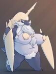  anthro areola beard big_breasts breasts facial_hair female generation_5_pokemon hi_res holding_object holding_sword holding_weapon huge_breasts melee_weapon mostly_nude navel nintendo overweight overweight_anthro overweight_female pink_areola pokemon pokemon_(species) pubes red_eyes samurott shard_(artist) shell smile solo sword weapon 