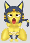  2018 5_fingers animal_crossing ankha_(animal_crossing) anthro bangs biped black_eyes black_nose blue_hair breasts butt cleavage clothed clothing curvy_figure digital_media_(artwork) domestic_cat egyptian ermotsaas felid feline felis female fingers grey_background hair kneeling looking_at_viewer mammal mouth_shot nintendo open_mouth presenting_mouth purple_yoshi_draws red_tongue short_hair short_stack simple_background solo teeth thick_thighs throat tongue tongue_out uraeus uvula voluptuous wraps 
