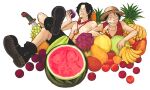  2boys banana bead_necklace beads black_footwear black_hair crossed_legs eating food freckles fruit ha_(pixiv57253) hat holding holding_food holding_fruit jewelry knife looking_at_viewer male_focus monkey_d._luffy multiple_boys necklace one_piece orange_(fruit) peach pear pineapple pitaya pomelo portgas_d._ace red_shirt scar scar_on_face shirt short_hair shorts skull_necklace sleeveless smile straw_hat topless_male watermelon 