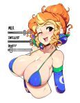  1girl absurdres bikini black_eyes blonde_hair blue_bikini breast_slider breasts cleavage curly_hair detached_sleeves earrings globe hair_bun highres huge_breasts jewelry micro_bikini moon ms._frizzle multicolored_hair one_eye_closed open_mouth puffy_nipples red_hair simple_background skindentation slugbox smile speech_bubble strap_gap sweat swimsuit teeth the_magic_school_bus two-tone_hair upper_body upper_teeth_only white_background 