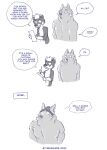  2022 anthro artist_name black_nose canid canine canis chest_tuft clothing comic countershade_fur countershade_torso countershading dialogue digital_drawing_(artwork) digital_media_(artwork) domestic_dog dot_eyes duo english_text floppy_ears fur guide_lines headgear headwear hi_res holding_object humor larger_anthro larger_male looking_at_another looking_at_object male mammal monochrome multicolored_body multicolored_fur muscular muscular_anthro muscular_male naturally_censored neck_tuft nude paper pencil_(object) revaivwra simple_background size_difference speech_bubble text thong thought_bubble tuft two_tone_body two_tone_fur underwear white_background wolf 