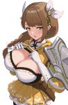  1girl absurdres armor bangs blush braid braided_ponytail breasts brown_hair cleavage fire_emblem fire_emblem_engage gloves goldmary_(fire_emblem) gonzarez hair_ornament hair_ribbon highres large_breasts long_hair looking_at_viewer mole mole_on_breast open_mouth ribbon simple_background white_background white_gloves yellow_eyes 