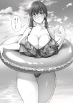  1girl absurdres bangs bare_arms blush breasts cleavage closed_mouth cloud collarbone commentary_request curvy day frilled_swimsuit frills greyscale highres huge_breasts innertube long_hair looking_at_viewer monochrome ocean original outdoors sky solo standing swimsuit thighs thought_bubble twintails yomogi_mametaro 
