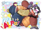  2023 alp_(tas) anthro bear bottomwear clothing giant_panda hat headgear headwear hoodie kemono lifewonders male mammal mijinko one_eye_closed overweight overweight_male pants purple_body solo tokyo_afterschool_summoners topwear white_body wink 