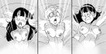  3girls absurdres bangs blunt_bangs breasts bulma chi-chi_(dragon_ball) clenched_teeth commentary dragon_ball dragon_ball_super english_commentary funsexydb glowing greyscale hair_down hairband highres hime_cut implied_sex large_breasts long_hair lying medium_breasts missionary monochrome multiple_girls nipples on_back open_mouth short_hair sweat teeth videl 