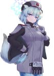  1girl absurdres animal_ears blue_archive breasts capelet fur-trimmed_capelet fur_hat fur_trim gloves green_hair grey_gloves grey_headwear hair_ornament hairclip halo hat highres hip_flask holding index_finger_raised long_sleeves looking_at_viewer medium_breasts parted_lips purple_eyes shigure_(blue_archive) short_hair simple_background solo tail ushanka white_background yakishio 