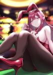 1girl animal_ears bangs bare_shoulders breasts detached_collar fairy_knight_tristan_(fate) fake_animal_ears fate/grand_order fate_(series) grey_eyes high_heels highleg highleg_leotard highres ichi_kq large_breasts leotard long_hair looking_at_viewer pantyhose pink_hair playboy_bunny pointy_ears rabbit_ears red_leotard sidelocks sitting solo thighs 