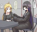  2girls 5tb :d ^_^ ahoge bangs black_cardigan black_choker black_hair black_shirt blonde_hair blunt_bangs blush bocchi_the_rock! brown_pants cardigan chin_piercing choker closed_eyes colored_inner_hair dress ear_piercing flustered furrowed_brow gesture gothic grey_dress hand_on_own_head highres ijichi_seika long_dress long_hair long_sleeves multicolored_hair multiple_girls open_cardigan open_clothes pa-san pants piercing red_eyes shirt sitting sleeves_past_fingers sleeves_past_wrists smile table translation_request 