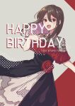  1girl alternate_costume alternate_hair_color black_dress brown_hair character_name collared_dress colored_inner_hair commentary dated dress dress_flower dutch_angle english_text floating_hair floral_print flower grey_background hair_between_eyes hair_ornament hairclip happy_birthday highres kagerou_project light_purple_hair long_hair mekakucity_actors mokemoke_chan multicolored_clothes multicolored_dress multicolored_hair no_scarf open_mouth print_dress red_background red_dress red_eyes red_flower rose_print short_sleeves simple_background solo tateyama_ayano teeth tongue two-tone_background two-tone_hair upper_teeth_only white_dress 
