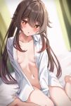  1girl areola_slip bangs bare_legs barefoot between_legs blurry blurry_background blush breasts brown_hair censored collarbone flower-shaped_pupils genshin_impact hair_between_eyes hand_between_legs highres hu_tao_(genshin_impact) long_bangs long_hair looking_at_viewer mosaic_censoring naked_shirt navel on_bed open_mouth red_eyes shirt sitting small_breasts solo symbol-shaped_pupils thalia twintails wariza 