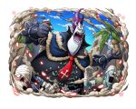  3boys bandages black_gloves blue_sky cloud cloudy_sky colored_skin gecko_moria gloves grey_skin horns male_focus multiple_boys necktie official_art one_piece one_piece_treasure_cruise open_mouth palm_tree pointy_ears purple_hair red_necktie sharp_teeth sky teeth tree zombie 