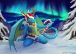  anthro aurora_(phenomenon) bell blue_body candy candy_cane cape christmas christmas_clothing clothing dessert dragon fir_tree food genitals hi_res holidays male mountain penis reindeer_hat scaled_penis skyvo snow solo wings winter 