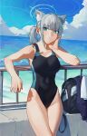  1girl animal_ear_fluff animal_ears bag bangs bare_arms bare_shoulders beach black_one-piece_swimsuit blue_archive blue_eyes blue_sky blush breasts cloud commentary competition_swimsuit covered_navel cross_hair_ornament day extra_ears fukaumi_suichu grey_hair hair_ornament halo hand_on_own_cheek hand_on_own_face highres horizon looking_at_viewer medium_breasts medium_hair mismatched_pupils multicolored_clothes multicolored_swimsuit ocean official_alternate_costume one-piece_swimsuit outdoors ponytail railing shiroko_(blue_archive) shiroko_(swimsuit)_(blue_archive) sky solo swimsuit water 