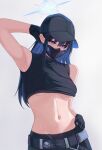  1girl absurdres arm_up armpits bare_arms bare_shoulders baseball_cap belt black_belt black_gloves black_headwear black_pants black_shirt blue_archive blue_eyes blue_hair breasts commentary crop_top gloves grey_background hat highres hikkio large_breasts long_hair looking_at_viewer mask midriff mouth_mask navel pants saori_(blue_archive) shirt simple_background sleeveless sleeveless_shirt solo stomach underboob upper_body 