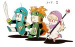  1girl 2boys blonde_hair blue_footwear blush_stickers cape chibi copyright_name dragon_quest dragon_quest_ii eyelashes frown goggles goggles_on_headwear green_footwear holding holding_shield holding_staff mari-mason multiple_boys orange_cape orange_hair prince_of_lorasia prince_of_samantoria princess_of_moonbrook purple_footwear rapier red_eyes robe shield short_hair simple_background smile staff sword weapon white_background 