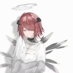  1girl alternate_costume arknights closed_mouth collar detached_wings energy_wings exusiai_(arknights) highres horns looking_at_viewer mebe_(teadia_violet) orange_eyes red_hair robe short_hair simple_background solo upper_body white_background wings 